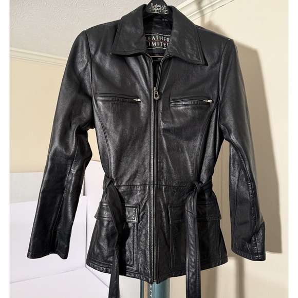 Women's Vtg Leather Jacket Coat M Zip Up‎ & Tie Waist Black Belt Leather Limited - Picture 3 of 16